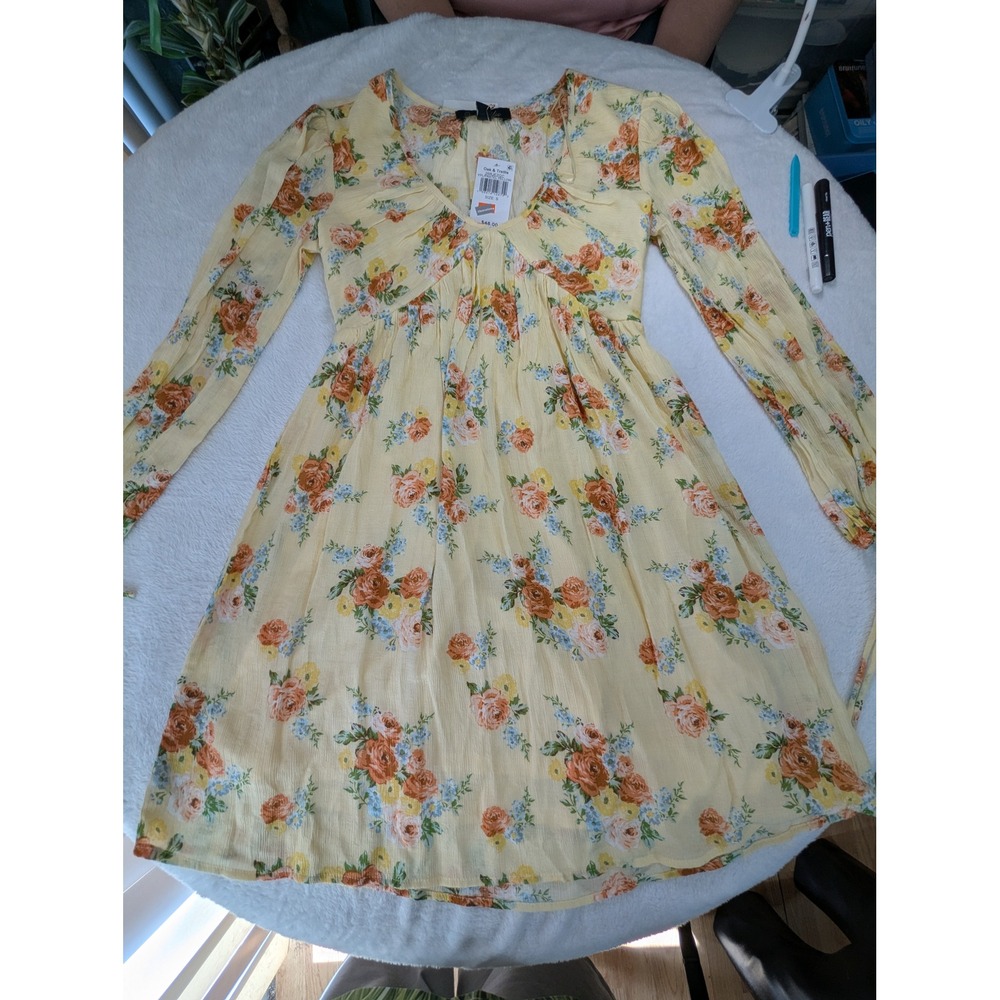Oak & Trellis Mini Dress Womens S Yellow Floral Long Sleeve NWT Boho